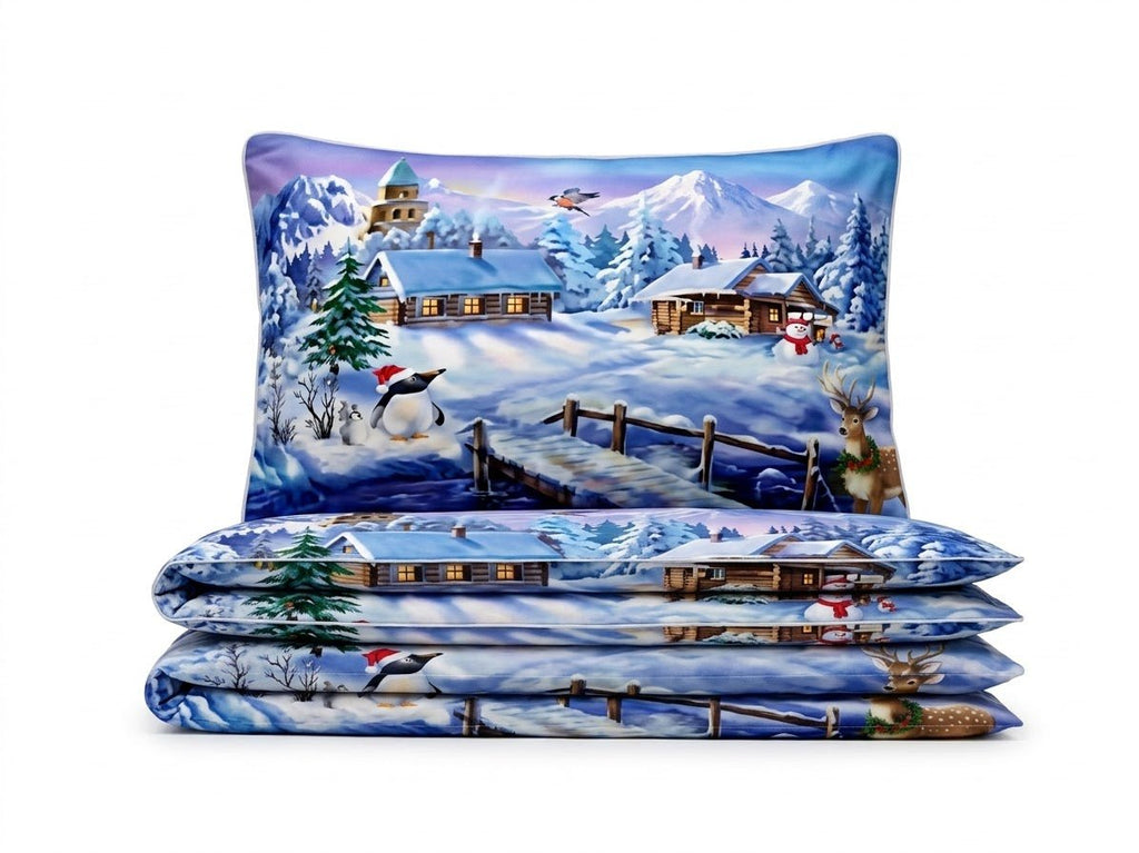 Pościel z mikrofibry niebieska w bożonarodzeniowy wzór 140x200 2 el. Winter Wonderland h1633 - Lunatis