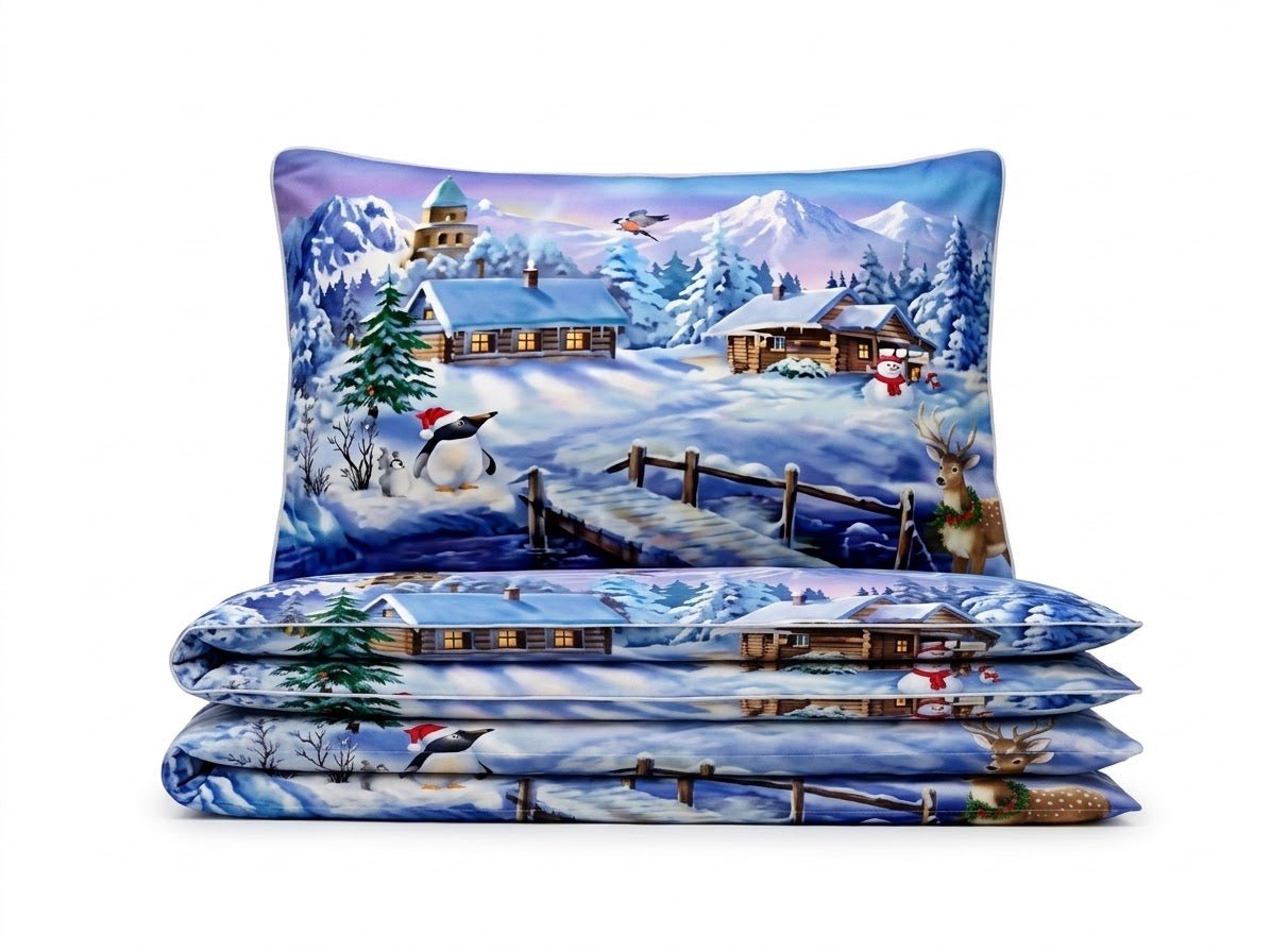 Pościel z mikrofibry niebieska w bożonarodzeniowy wzór 140x200 2 el. Winter Wonderland h1633 - Lunatis