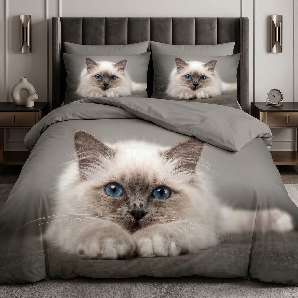 Pościel z mikrofibry szara w koty 140x200 2 el. Azure Whiskers h1555 - Lunatis