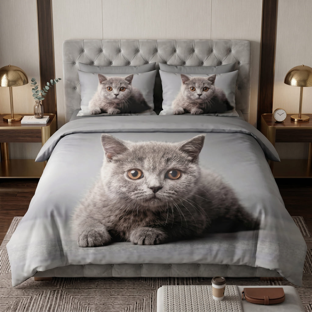 Pościel z mikrofibry szara w koty 160x200 3 el. Silver Paws h1556 - Lunatis