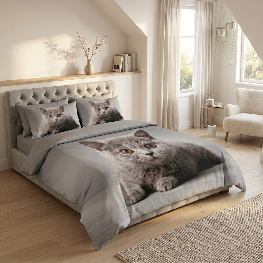 Pościel z mikrofibry szara w koty 160x200 3 el. Silver Paws h1556 - Lunatis