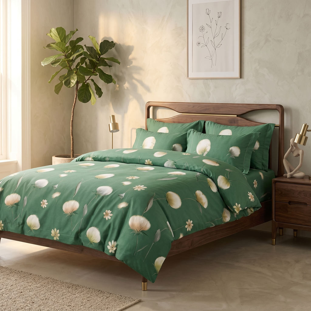 Pościel z mikrofibry zielona w kwiaty i dmuchawce 200x220 3 el. Emerald Whisper h1640 - Lunatis