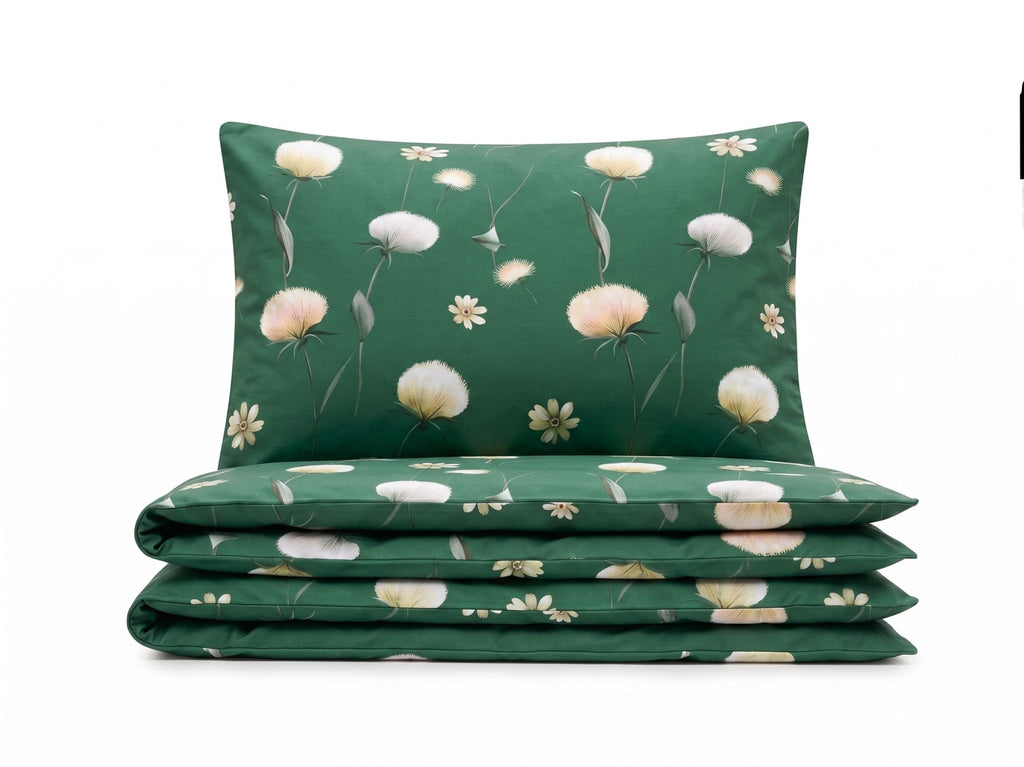 Pościel z mikrofibry zielona w kwiaty i dmuchawce 200x220 3 el. Emerald Whisper h1640 - Lunatis