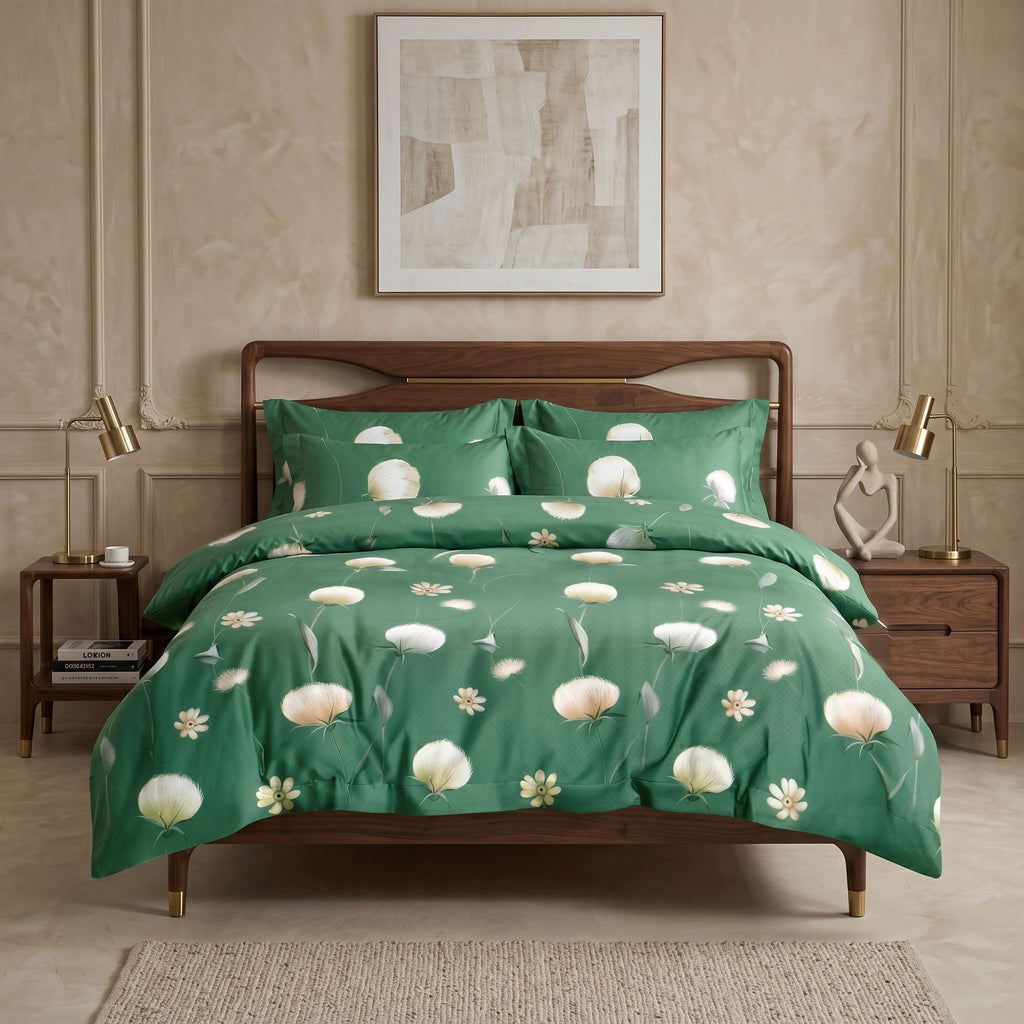 Pościel z mikrofibry zielona w kwiaty i dmuchawce 200x220 3 el. Emerald Whisper h1640 - Lunatis
