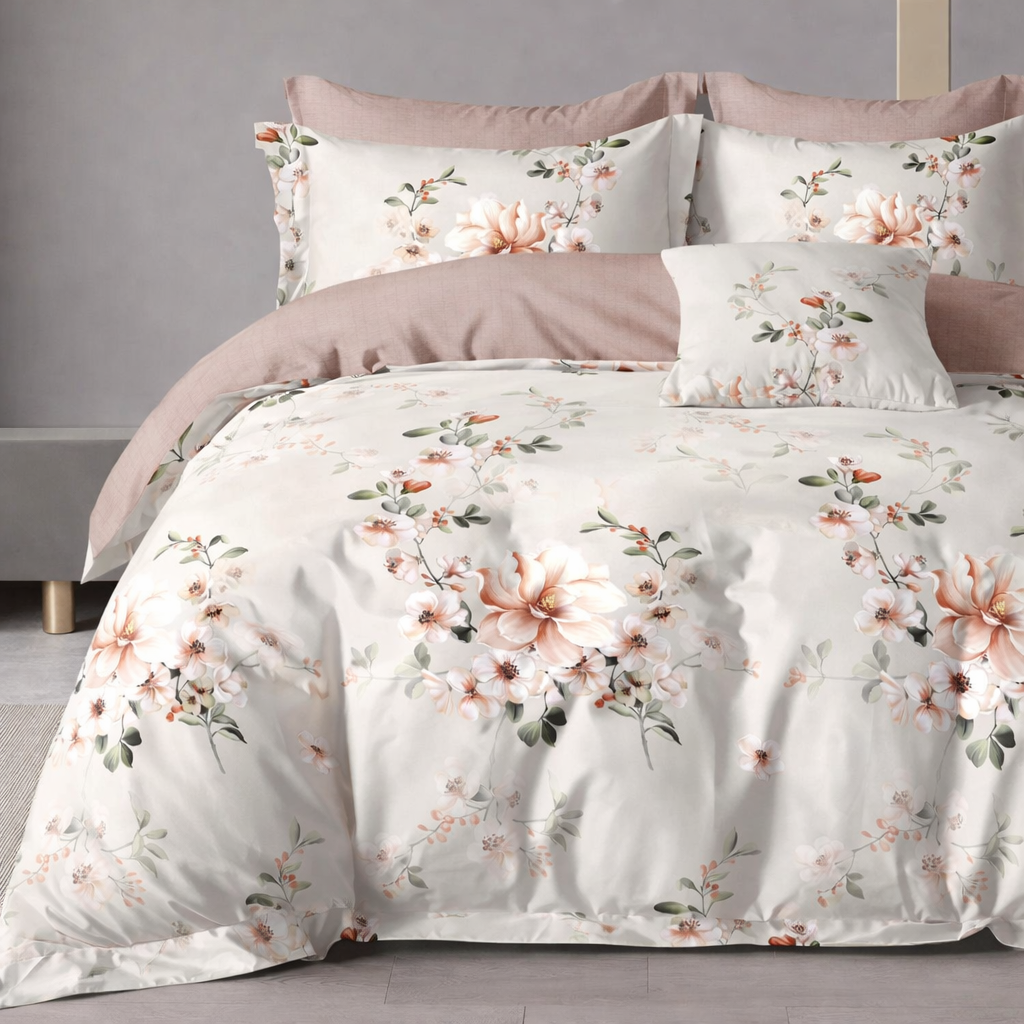 Pościel 200x220 z prześcieradłem dwukolorowa 4 el. białoróżowa w motyw kwiatowy Mylly Mil-J17
