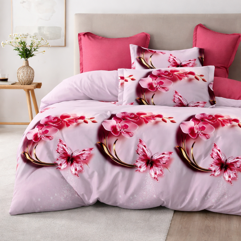 Pościel 160x200 z prześcieradłem 4 el. różowa z motylami Betty Mil-B72