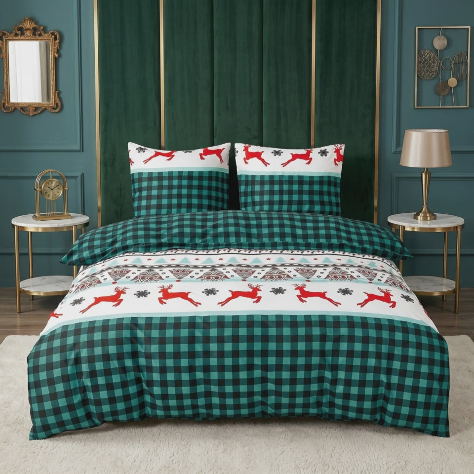 Pościel bawełniana zielony w kratę i renifery 200x220 3 el. Emerald Chalet m2026