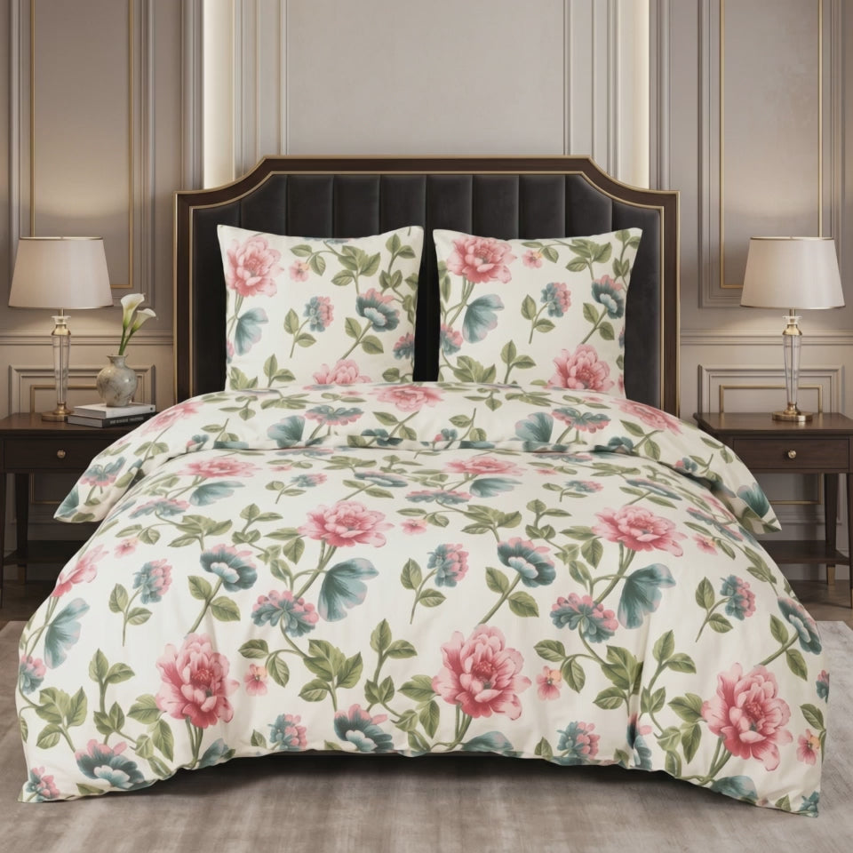 Pościel bawełniana kremowy w kwiaty 200x220 3 el. Floral Époque m2047
