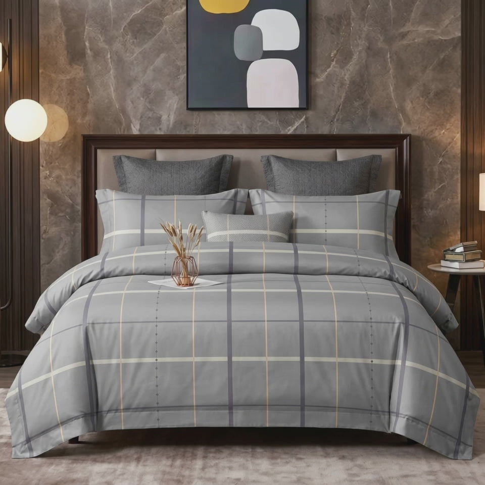 Pościel bawełniana szara w kratę 200x220 3 el. Silvermont Gridline m1768