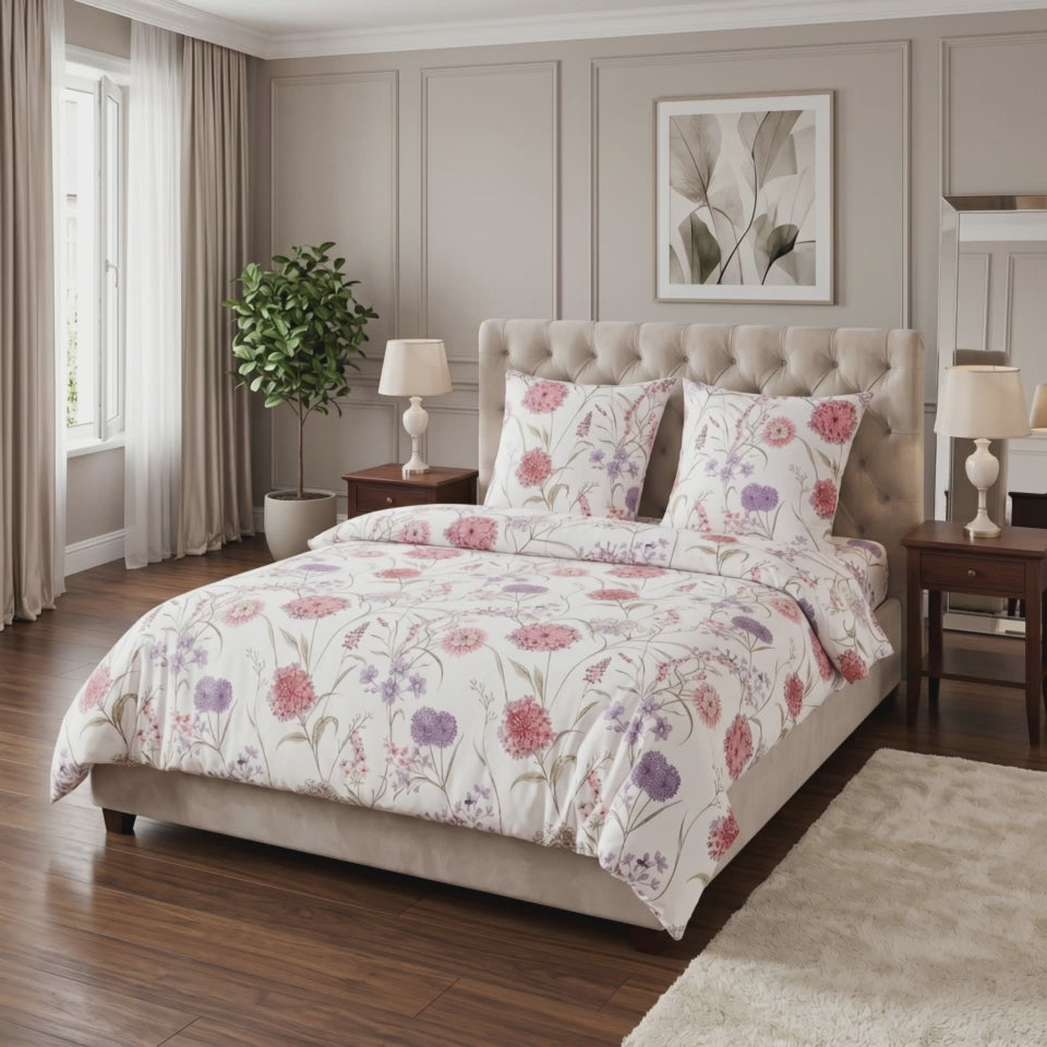 Pościel bawełniana biała w fioletowe czerwone kwiaty 200x220 3 el. Blossom Harmony Lilac m1876