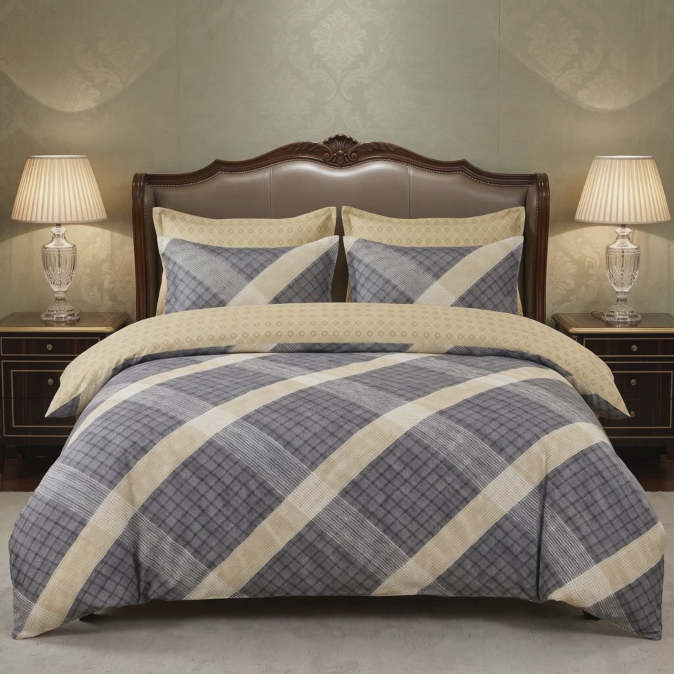 Pościel z mikrofibry dwustronna szara beżowa w kratę 200x220 3 el. Heritage Plaid h1702