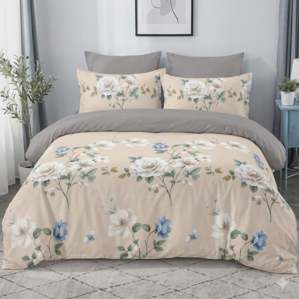Pościel z mikrofibry dwustronna beżowa w kwiaty i szara 140x200 2 el. Ivory Blossom h1655