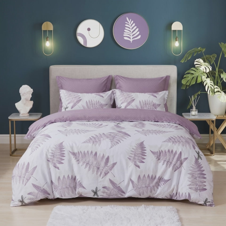 Pościel bawełniana dwustronna fioletowa w paprocie 160x200 3 el. Lavender Fern m1542