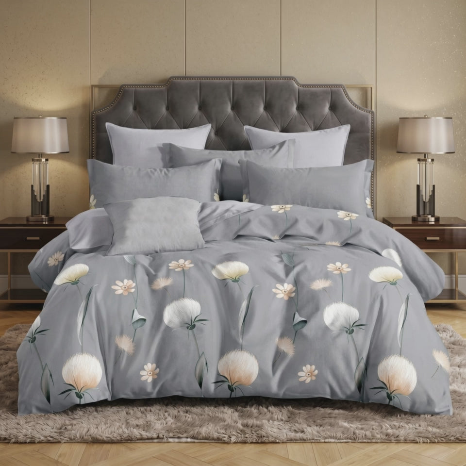 Pościel bawełniana szara w kwiaty dmuchawce 160x200 3 el. Veloria Soft Bloom m1774