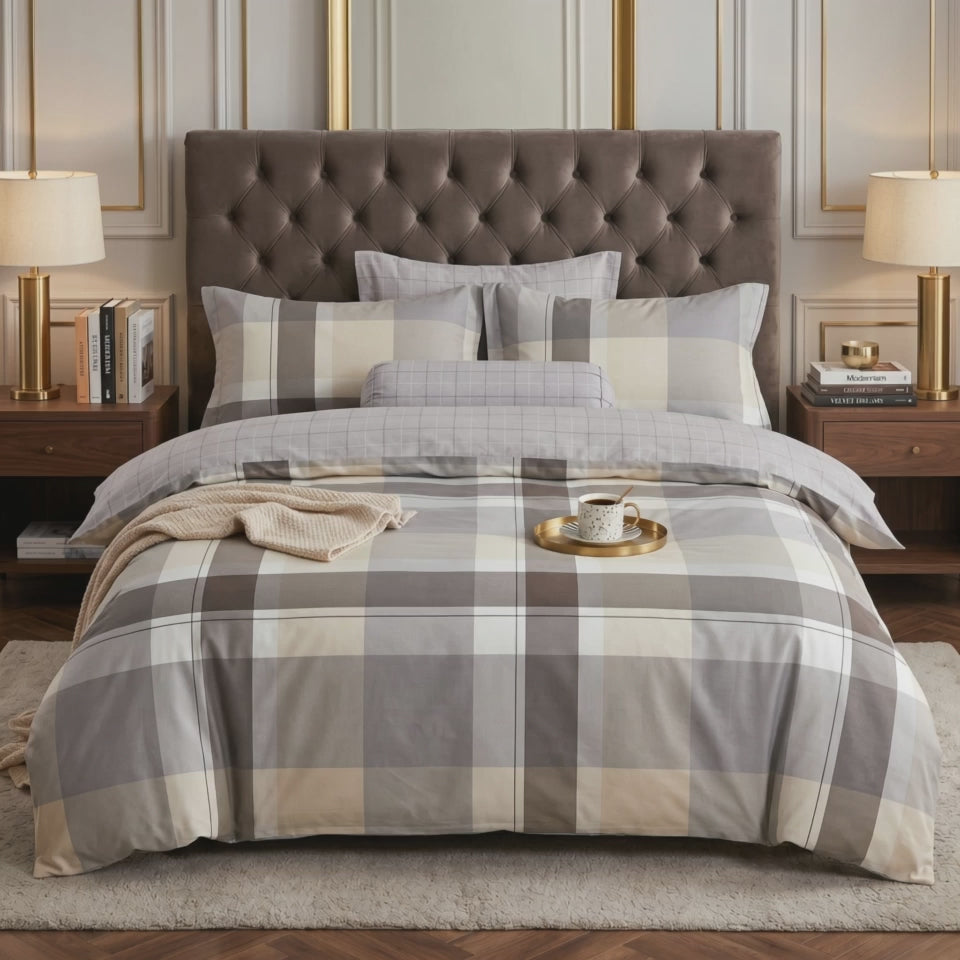 Pościel bawełniana dwustronna beżowa kremowa jasna szara w kratę 160x200 3 el. Velmora Cashmere Grid m1830
