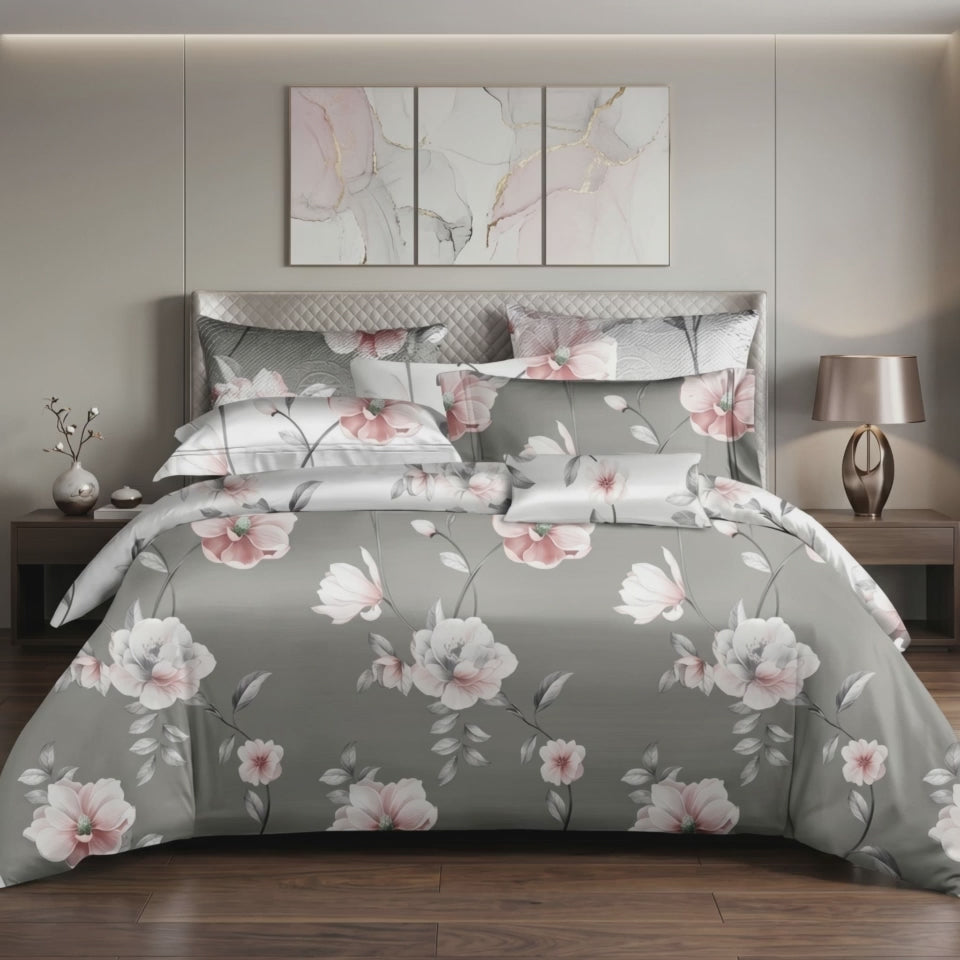 Pościel bawełniana dwustronna szary srebrny w kwiaty 200x220 3 el. Silver Blossom m1896