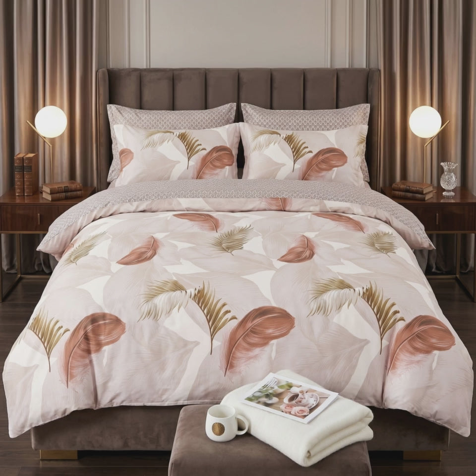 Pościel bawełniana dwustronna kremowa beżowa w pióra 160x200 3 el. Serenelle Rose Whisper m1833