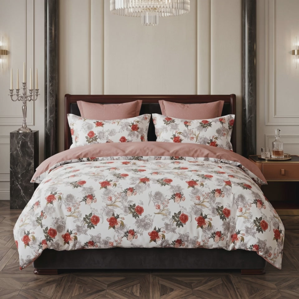 Pościel bawełniana dwustronna biała różowa w kwiaty róże 160x200 3 el. Rosabelle Velvet Bloom m1854