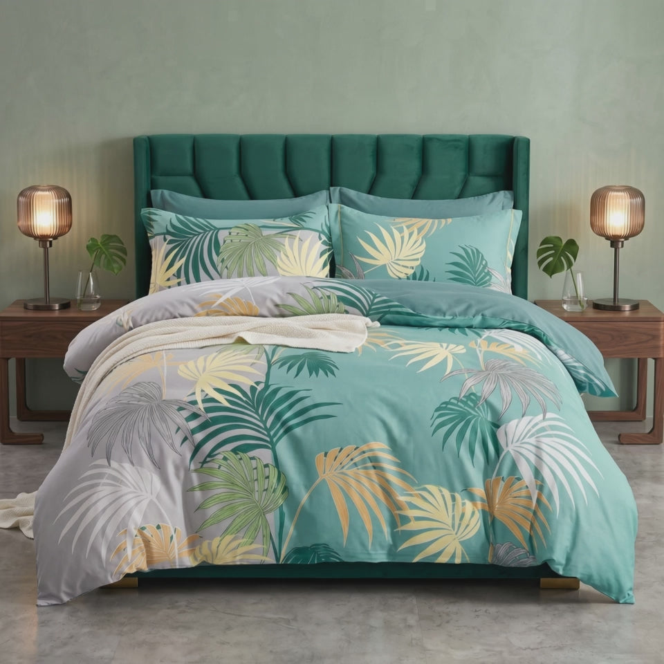 Pościel bawełniana dwustronna turkus szary w liście 200x220 3 el. Palm Breeze m1595