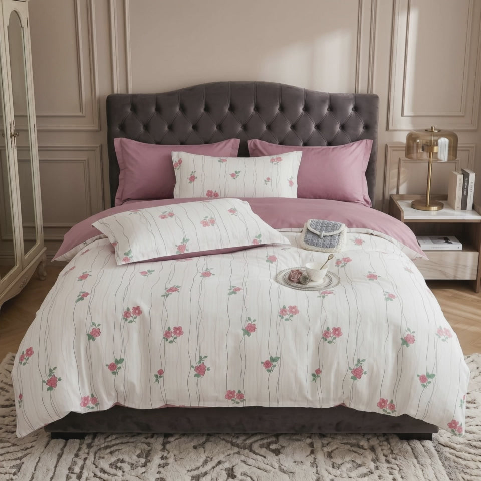 Pościel bawełniana dwustronna biała różowa w kwiaty 200x220 3 el. Lunarelle Pink Whisper m1762