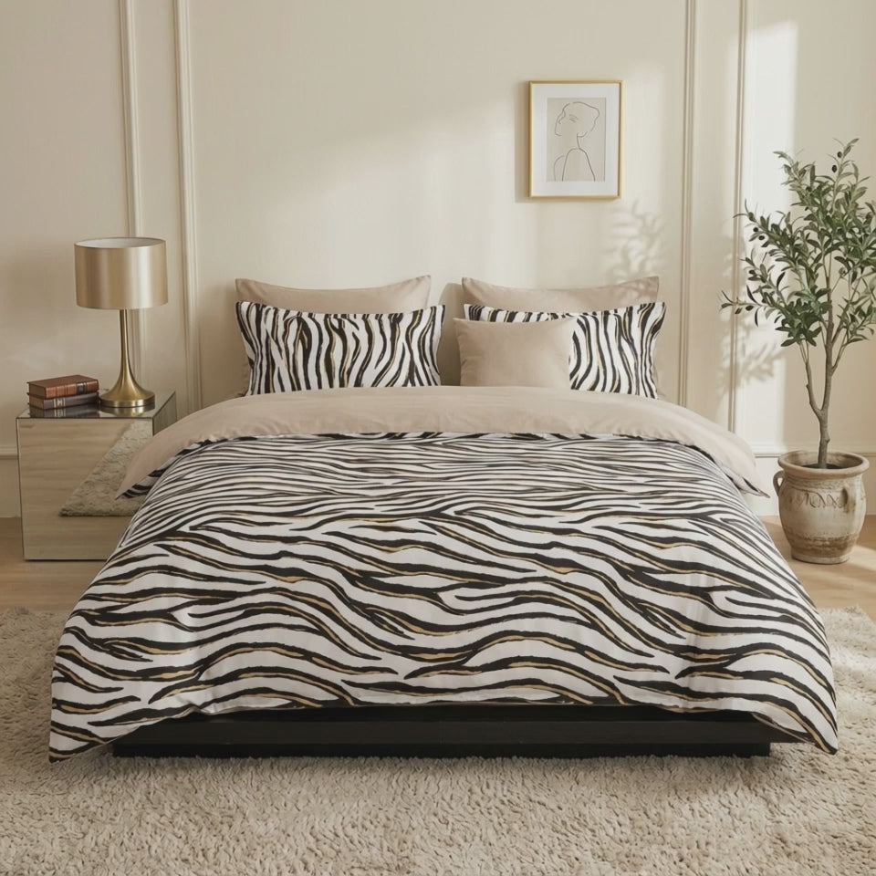 Pościel bawełniana dwustronna w zebrę i beżowa Savanna Prestige 200x220 3 el. Par C-147