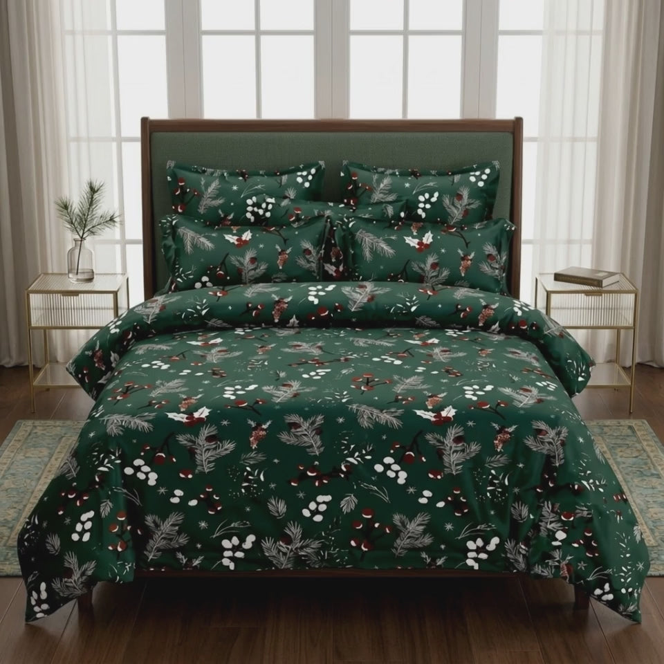 Pościel z mikrofibry zielona w bożonarodzeniowy wzór bałwany 160x200 3 el. Emerald Winter h1635