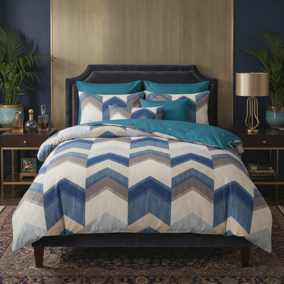 Pościel z mikrofibry dwustronna biała niebieska szara w chevron 160x200 3 el. Ocean Crest h1580