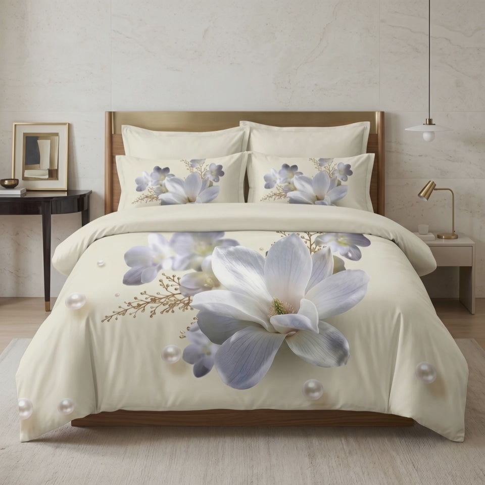 Pościel z mikrofibry kremowa w kwiaty 200x220 3 el. Pearl Magnolia h1596