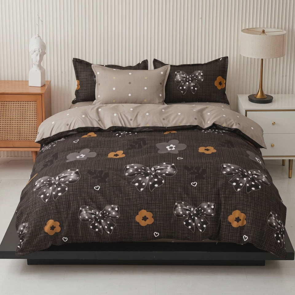 Pościel z mikrofibry dwustronna czarna w kokardki i beżowa 160x200 3 el. Velvet Ribbon h1666