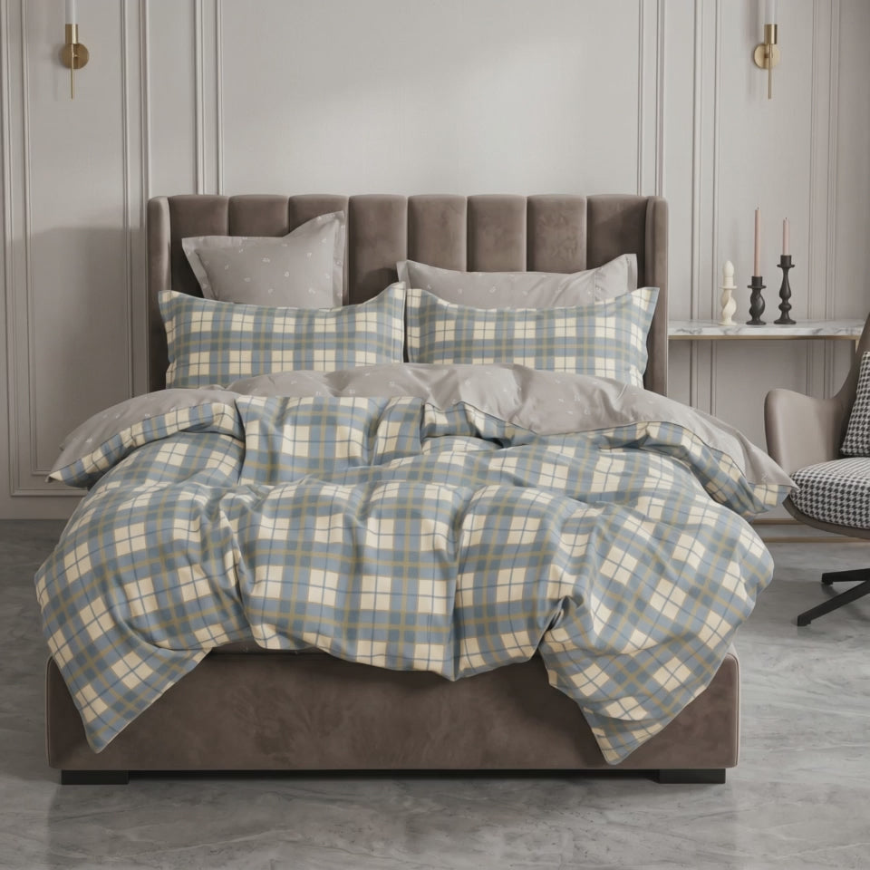 Pościel bawełniana dwustronna kremowa niebieska beżowa w kratę 200x220 3 el. Lunaro Soft Tartan m1808