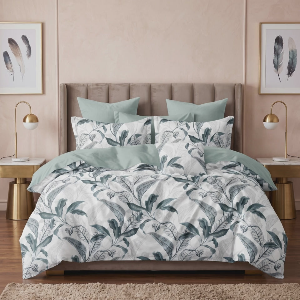 Pościel bawełniana dwustronna biała i zielona w liście Sage Oasis 200x220 3 el. Par C-111