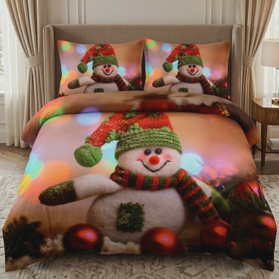 Pościel z mikrofibry czerwona w bożonarodzeniowy wzór bałwany 140x200 2 el. Festive Snowman h1632