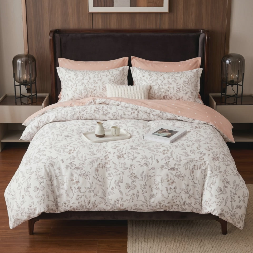 Pościel bawełniana dwustronna kremowy w kwiaty i różowy 200x220 3 el.  Blush Meadow m1934