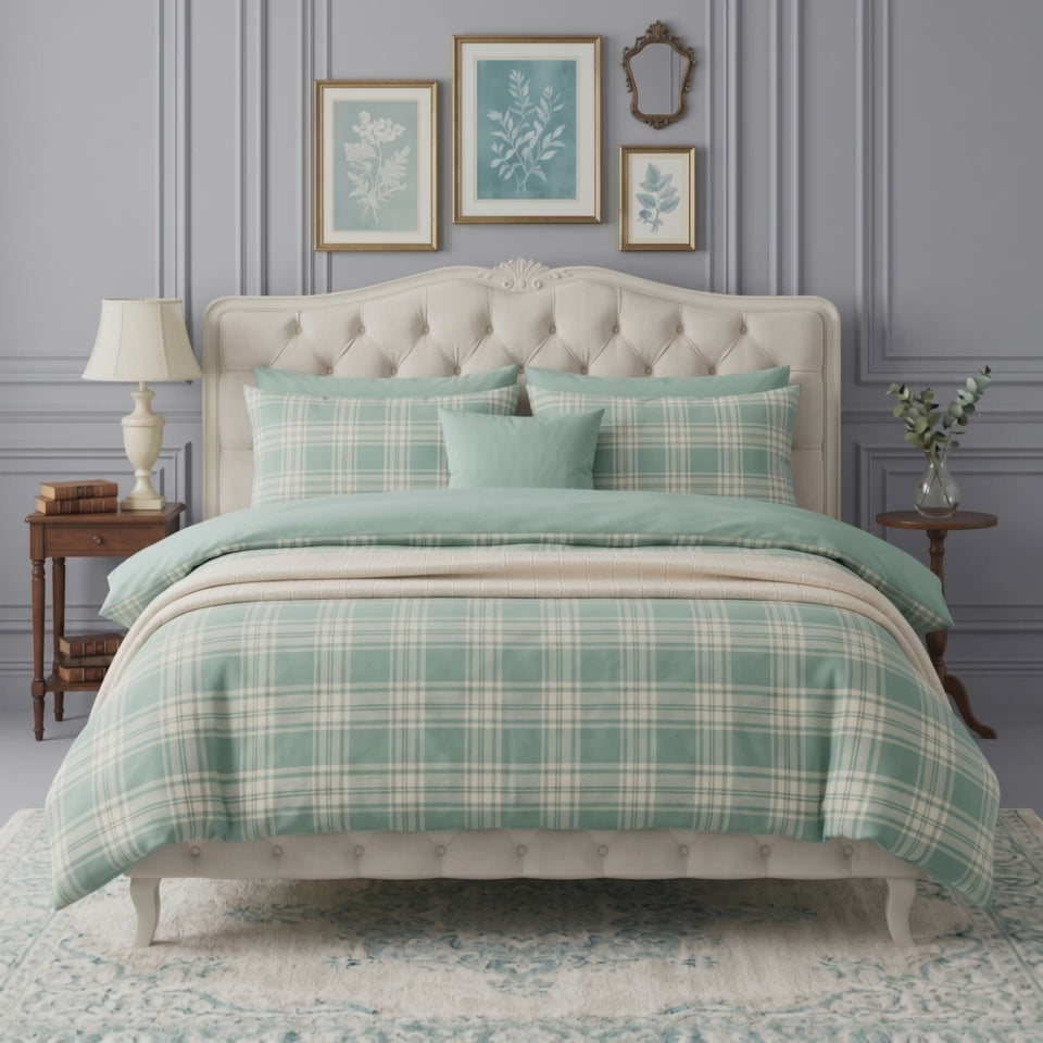 Pościel z mikrofibry dwustronna miętowa biała w kratkę 200x220 3 el. Mintshire Elegance h1199