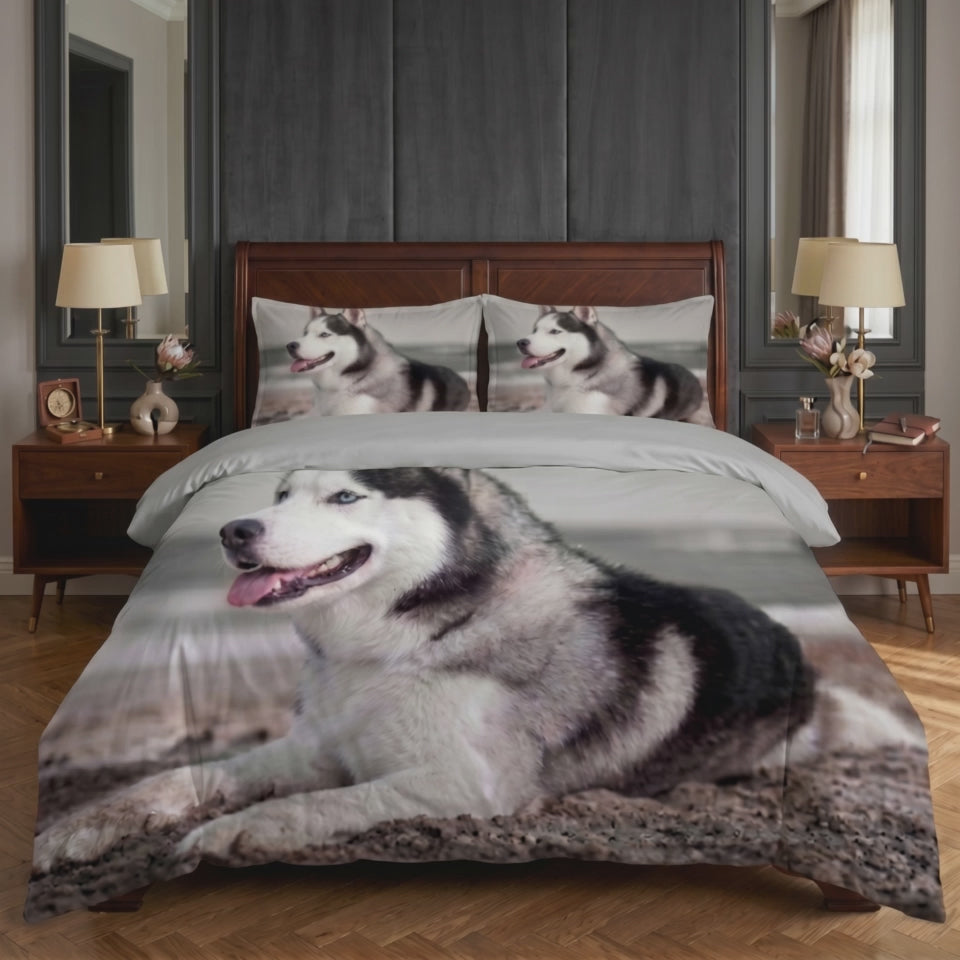 Pościel z mikrofibry dwustronna szara w psy 140x200 2 el. Arctic Husky h1510