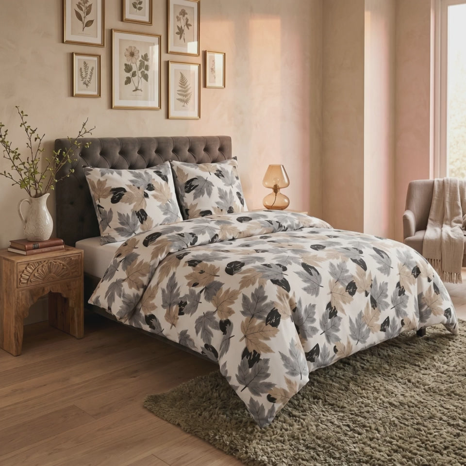 Pościel bawełniana biały w liście 200x220 3 el. Maple Noir m2021