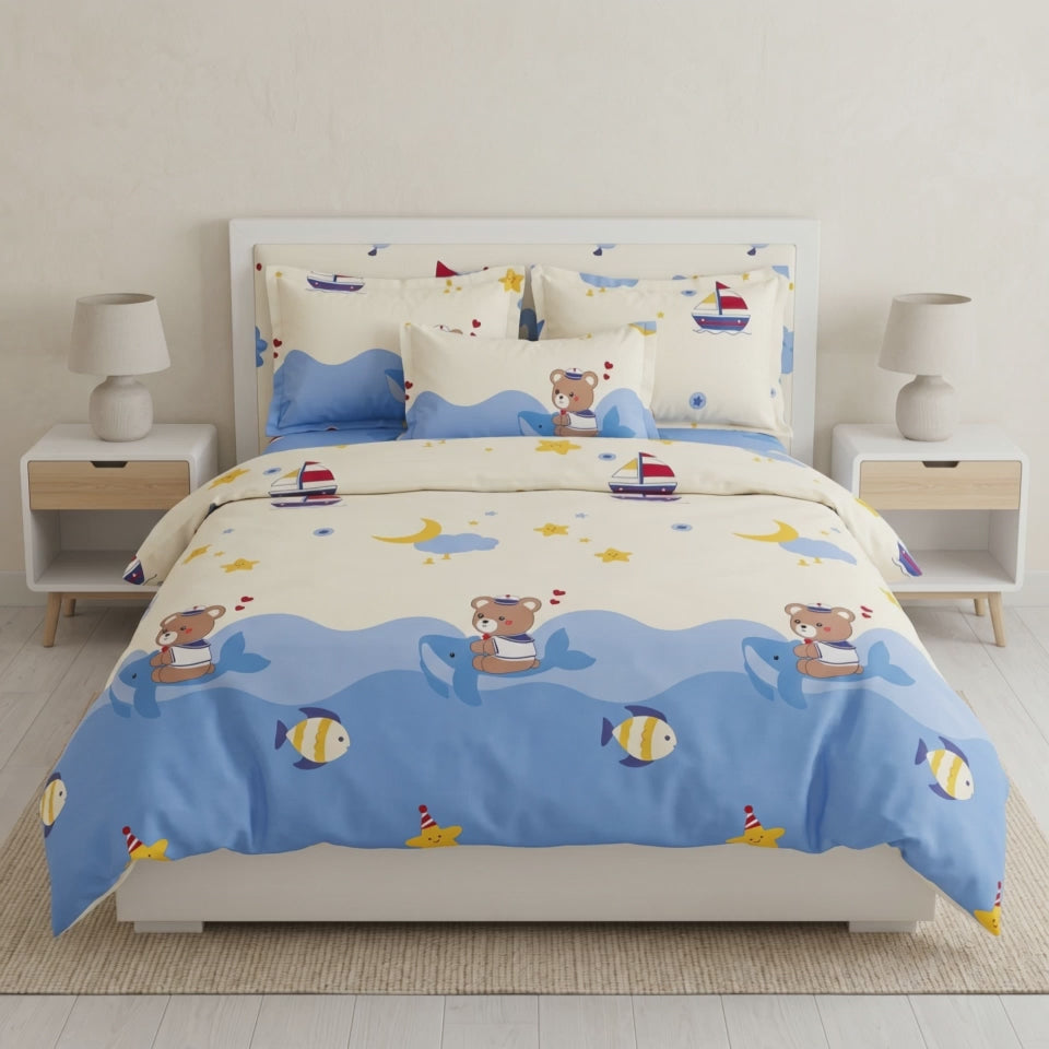 Pościel bawełniana kremowy niebieski w misie  140x200 2 el.  Oceanic Teddy m1938