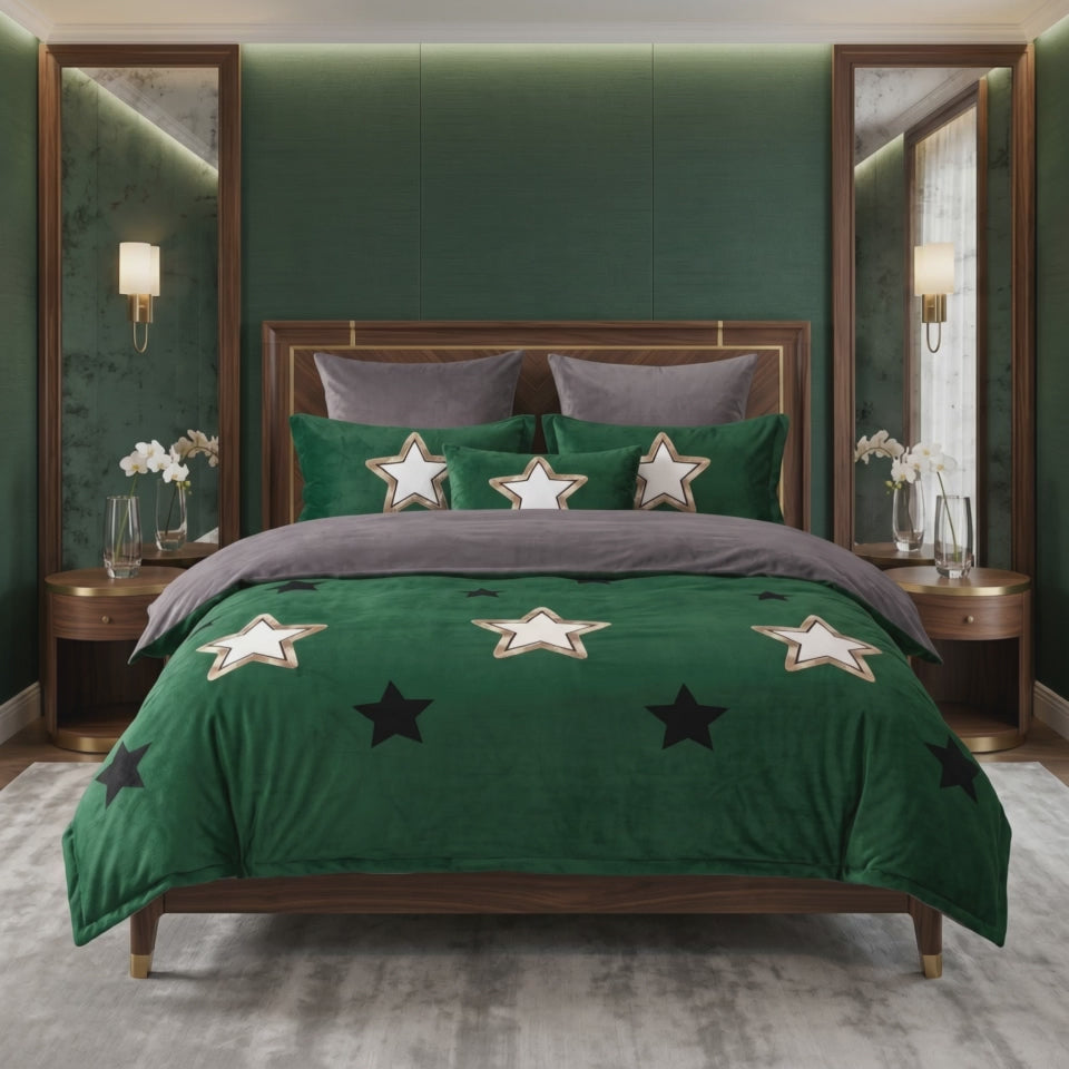 Pościel z mikrofibry dwustronna zielona w gwiazdy i szara 160x200 3 el. Emerald Stars h1264