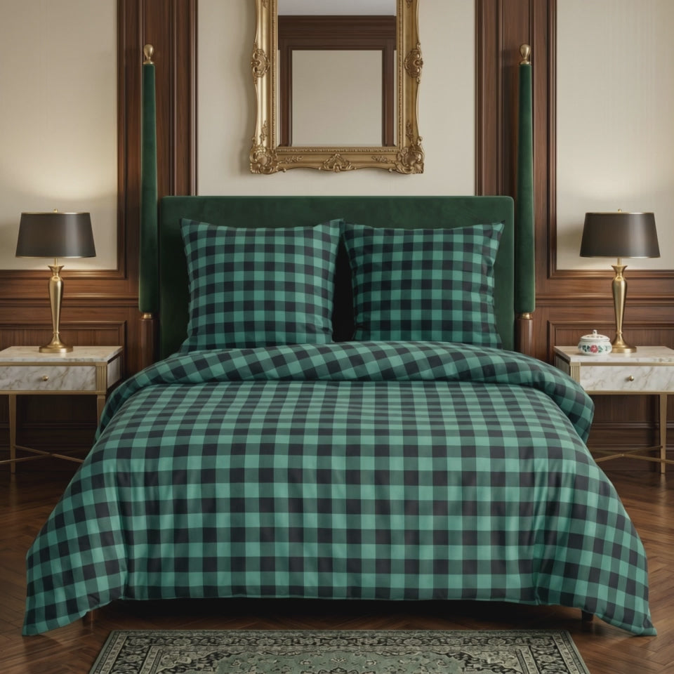 Pościel bawełniana zielony czarny w kratkę 160x200 3 el. Emerald Check m2049