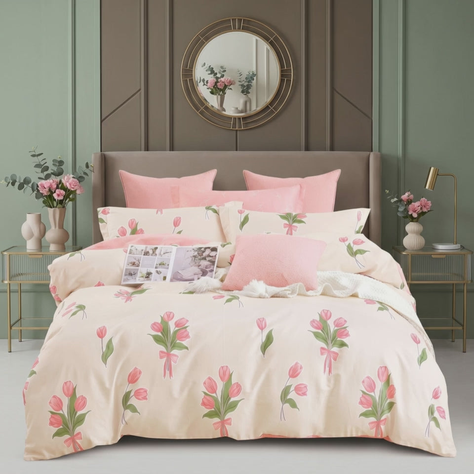 Pościel bawełniana dwustronna różowa w kwiaty tulipany 200x220 3 el. Lucina m1715
