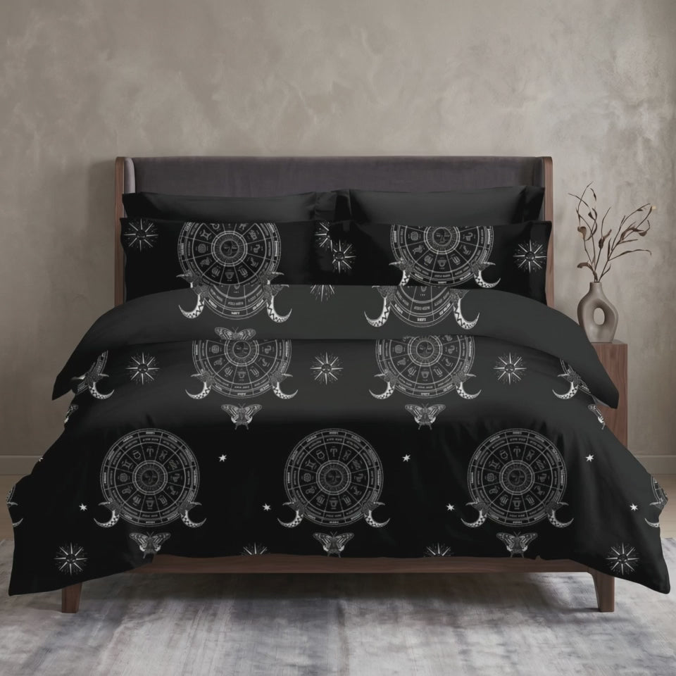 Pościel bawełniana symbole astrologiczne znaki zodiaku czarna 160x200 3 el. Lunaris Eclipse m1889