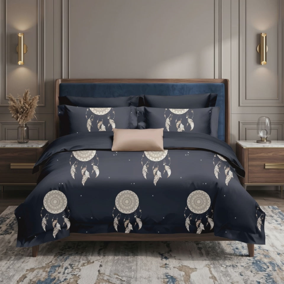Pościel bawełniana czarna w złoty łapacz snów 160x200 3 el. Noctivelle Dreamcatcher Navy m1847