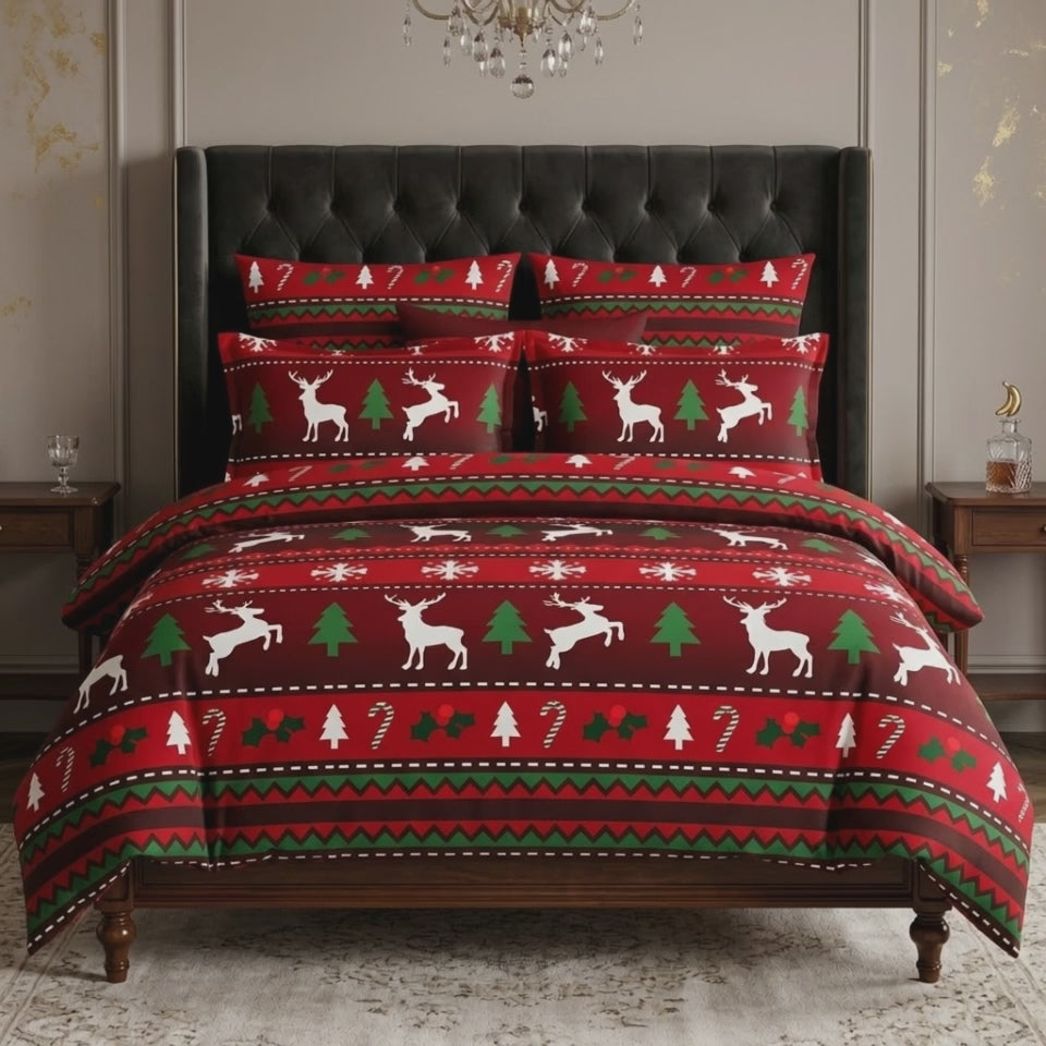 Pościel z mikrofibry czerwona w bożonarodzeniowy wzór 200x220 3 el. Nordic Reindeer h1636