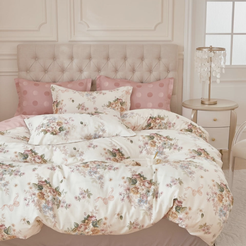 Pościel bawełniana dwustronna kremowa różowa w kwiaty 160x200 3 el. Elorisse Blush Garden m1761