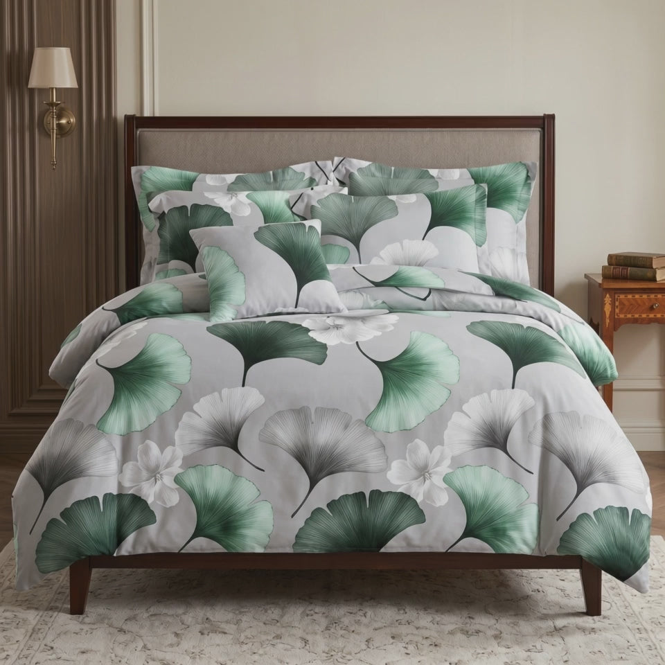 Pościel bawełniana szary w liśćie 160x200 3 el. Emerald Ginkgo m2030