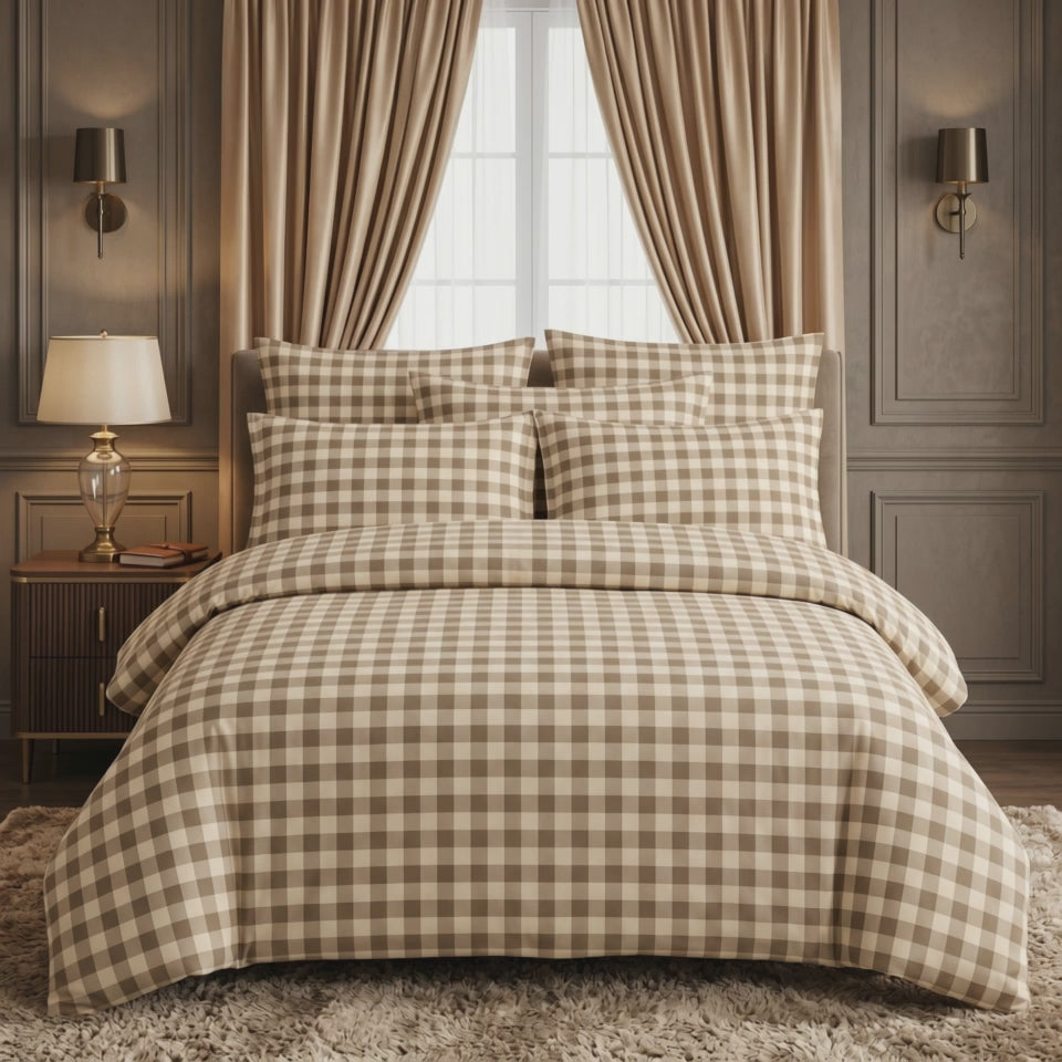 Pościel bawełniana brązowy beżowy śmietankowy w kratę 200x220 3 el. Sandford Check m2028