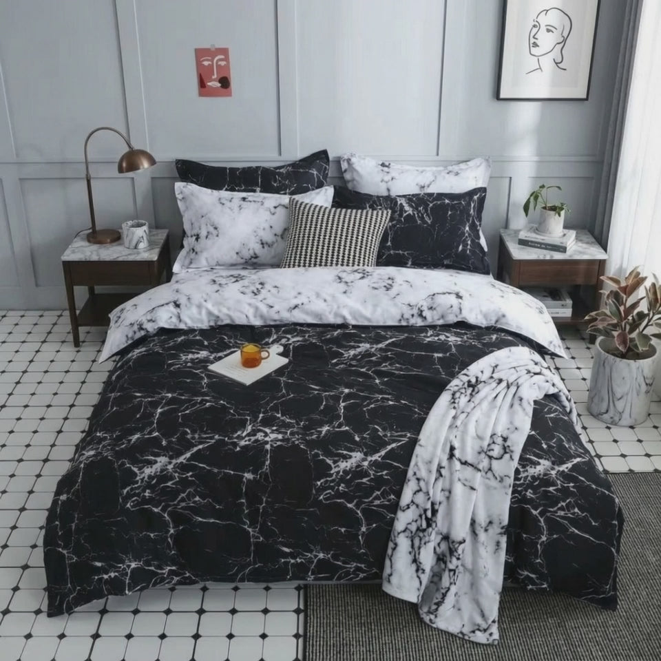 Pościel bawełniana dwustronna czarna i biała w marmur Obsidian Veil 200x220 3 el. Par C-021