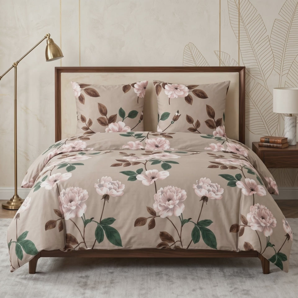 Pościel bawełniana beżowy w kwiaty 200x220 3 el. Blush Peony m2046