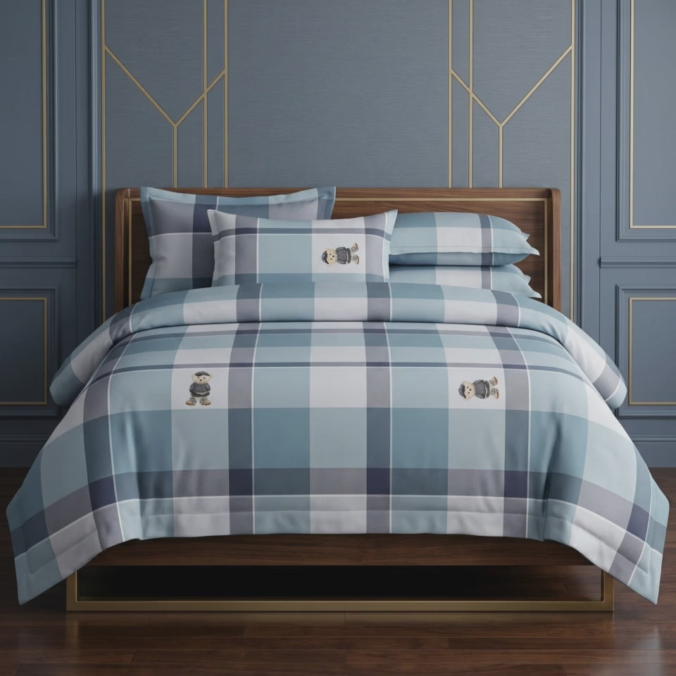 Pościel bawełniana szara niebieska w kratę 200x220 3 el. Nordelier Teddy Blue m1845
