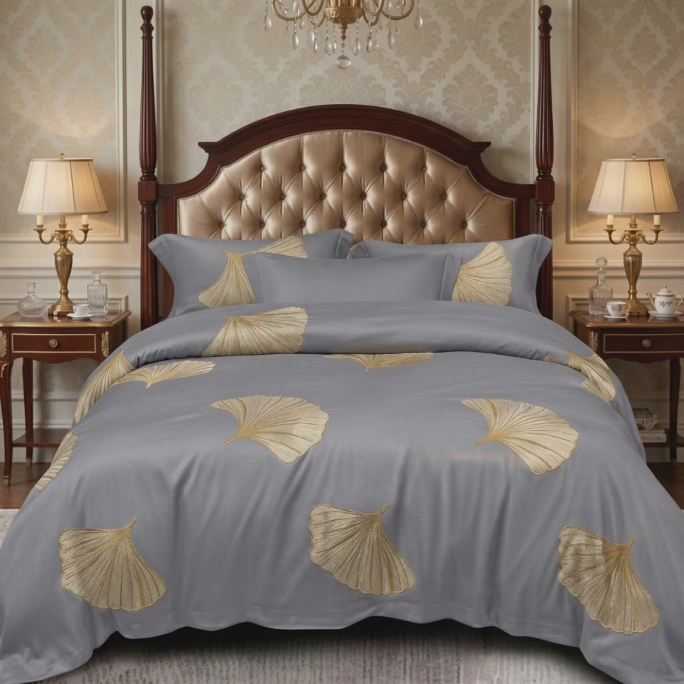 Pościel bawełniana szary w liście 200x220 3 el. Aurivelle Grey m2035